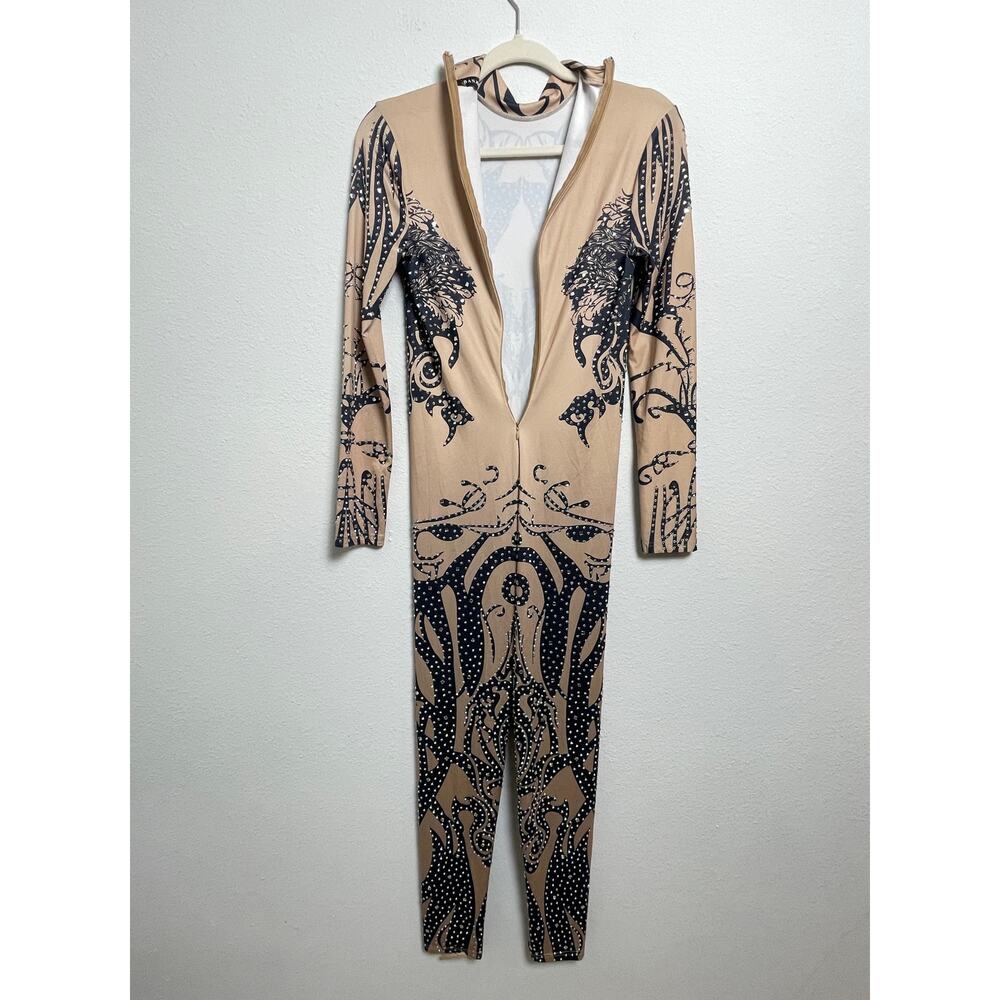 BANJUL Rhinestone Bodysuit Catsuit Nude Black Tribal Print Stretch Jumpsuit - Picture 7 of 15